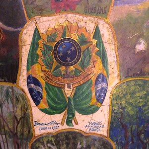 Pormenor da carapaça de tartaruga: as armas do Brasil, ladeadas por duas bandeiras nacionais e a assinatura do autor da pintura, Branco Silva.