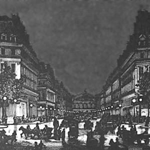 A Avenida e Praça da Ópera, em Paris, iluminadas pelos candeeiros com velas de Jablochkoff.