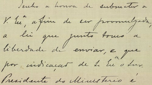 Carta de Luís Barreto, da Secretaria-Geral da Presidência da República, para Teófilo Braga, solicitando a promulgação de uma lei.