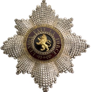 Grã-cruz da Ordem de Leopoldo II da Bélgica (placa), atribuída ao Presidente da República João do Canto e Castro; peça do séc. XX em prata, ouro e esmalte.