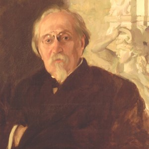 Retrato oficial do Presidente da República Manuel de Arriaga, sentado na cadeira dos leões. Sabemos hoje que o cenário deste retrato corresponde ao atual Gabinete  Oficial do Presidente.