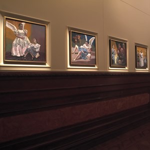 Quatro dos oito temas do «Ciclo da Vida da Virgem Maria», de Paula Rego. Da esquerda para a direita: «Anunciação», «Natividade», «Adoração» e «Purificação no Templo».