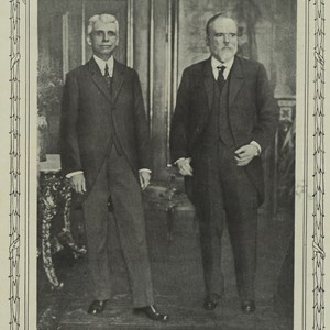 Recorte de imprensa da revista «Ilustração Portugueza», noticiando o encontro, no Palácio da Cidadela, entre o Presidente da República João do Canto e Castro (à esquerda) e o Presidente recém-eleito António José de Almeida (à direita).