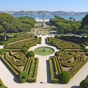 O Jardim do Buxo que vemos hoje data de 1780, aproximadamente. No tempo de D. Manuel de Portugal, o jardim principal implantava-se nesta perspetiva, mas dividia-se por várias alturas ou cotas de terreno; tirava partido da grande vista sobre o rio Tejo que em 1559 chegava perto do muro do Outeiro.