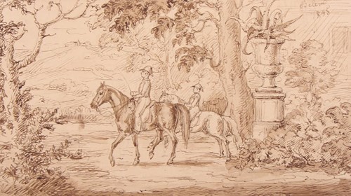 Passeio a cavalo, desenho a tinta-da-china sobre papel. Admitimos que estejam representados: um professor e o príncipe herdeiro D. Pedro, nesta data com 8 anos, na Real Quinta de Belém. O grande vaso reproduz um modelo ainda hoje existente na entrada do Palácio de Belém, que dá para o Pátio das Damas.