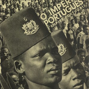 Fotomontagem com uma das mensagens do álbum «Portugal 1934»: o império uno e multirracial.
