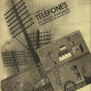 Página do álbum «Portugal 1934» com fotomontagem e infografia sobre o sistema telefónico e telegráfico nacional.