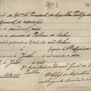 Recibo de arrendamento do Anexo do Palácio de Belém, emitido em nome de Manuel de Arriaga.