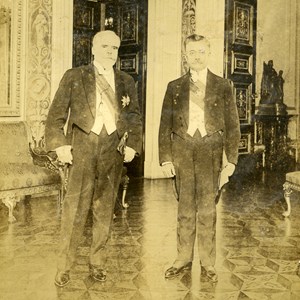 António José de Almeida (à esquerda) e Epitácio Pessoa durante o banquete oficial que o Chefe do Estado brasileiro ofereceu ao Presidente da República portuguesa.