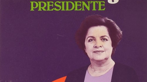 Cartaz da candidatura de Maria de Lourdes Pintasilgo às eleições presidenciais.
