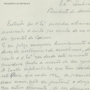 Carta do Presidente da República António José de Almeida para o chefe do Governo, António Granjo, aceitando a sua demissão.