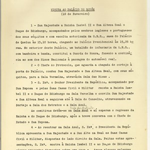 Programa com o cerimonial a observar durante a receção oferecida pelo Presidente Craveiro Lopes à Rainha Isabel II, no Palácio de Belém.