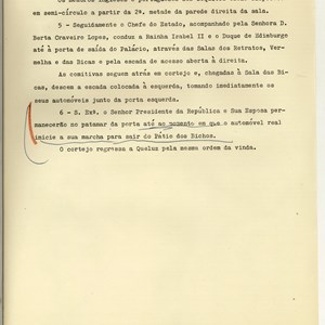 Programa com o cerimonial a observar durante a receção oferecida pelo Presidente Craveiro Lopes à Rainha Isabel II, no Palácio de Belém.