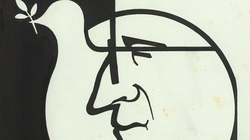 Desenho do rosto de Francisco Costa Gomes, sobreposto a uma pomba, símbolo da paz.