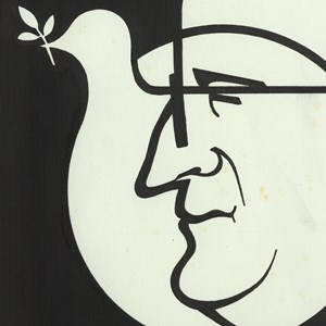 Desenho do rosto de Francisco Costa Gomes, sobreposto a uma pomba, símbolo da paz.