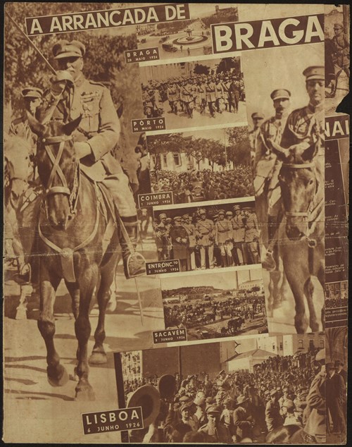 Recorte de álbum gráfico representando a progressão do movimento encabeçado por Manuel Gomes da Costa entre Braga e Lisboa.