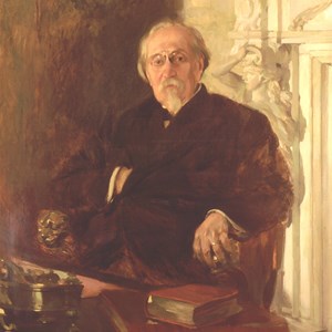 Retrato oficial do Presidente Manuel de Arriaga, de Columbano Bordalo Pinheiro. Foi com este Presidente que a cadeira dos leões «chegou», em 1912, ao Palácio de Belém.