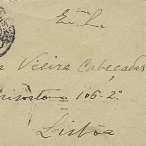 Carta de José Mendes Cabeçadas Júnior, para Maria Vieira Cabeçadas, informando-a de que se encontrava preso em Santarém, na sequência do golpe militar de 28 de maio de 1926 (envelope).
