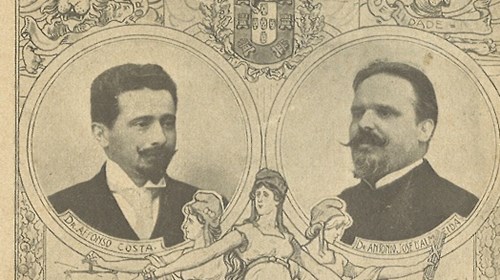 Bilhete-postal com o busto de Afonso Costa (1871-1937), António José de Almeida (1866-1929), João de Menezes (1868-1918) e Alexandre Braga (1868-1921).