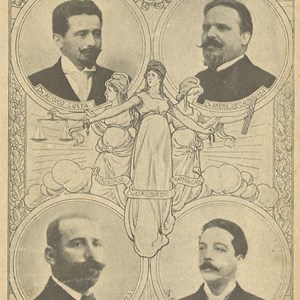 Bilhete-postal com o busto de Afonso Costa (1871-1937), António José de Almeida (1866-1929), João de Menezes (1868-1918) e Alexandre Braga (1868-1921).