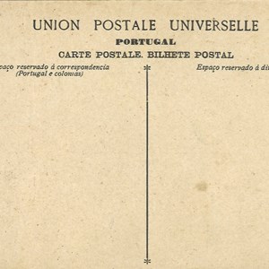 Verso do bilhete-postal com o busto de Afonso Costa, António José de Almeida, João de Menezes e Alexandre Braga.