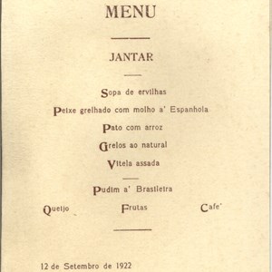 Menu de jantar realizado a bordo do vapor «Porto», durante a viagem até ao Brasil.