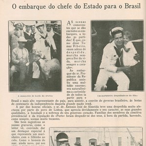 Reportagem sobre o embarque de António José de Almeida no vapor «Porto»: destaque para a cabra «Janota», a mascote a bordo.