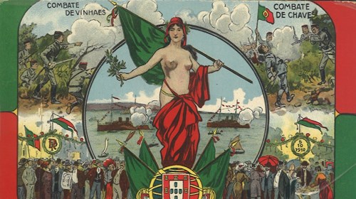 Bilhete postal comemorativo do 2.º aniversário da República, com representação feminina da República.