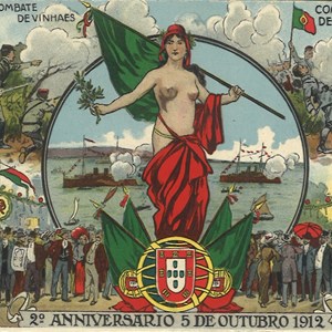 Bilhete postal comemorativo do 2.º aniversário da República, com representação feminina da República.