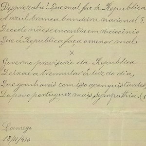 Poema de Joaquim Pinto Macário enviado a Teófilo Braga, dedicado à bandeira nacional (2.ª página).