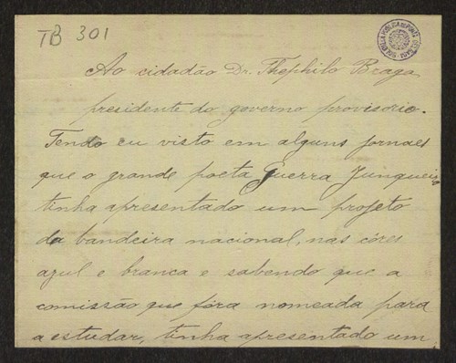 Carta de José Fontes de Melo para Teófilo Braga, com uma proposta para a bandeira nacional.
