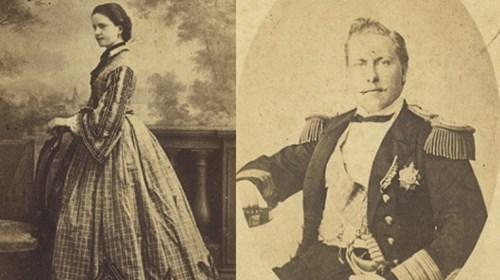 Retratos fotográficos da Rainha D. Maria Pia e do Rei D. Luís — composição.