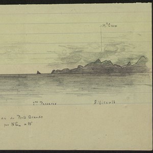 Desenho a carvão do arquipélago de Cabo Verde, visto da entrada do Porto Grande, elaborado por João do Canto e Castro, para apoio à navegação costeira.