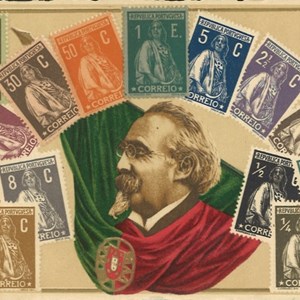 Bilhete-postal comemorativo da primeira edição de selos da República.