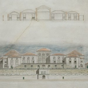 Alçado (desenho) do Palácio de Belém, onde se veem grinaldas festivas.