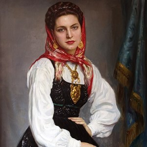 Fotografia da pintura de Henrique Medina, retratando Maria Estela Costa Gomes trajada de minhota. O quadro foi adquirido em 2014 pela Câmara Municipal de Viana do Castelo.