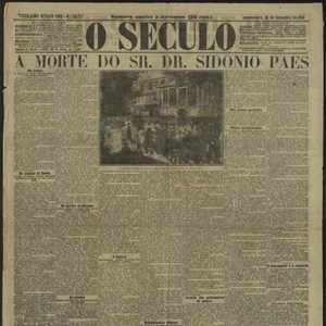 Primeira página do jornal «O Século», dedicada à morte de Sidónio Pais, com imagem da multidão no Palácio de Belém.