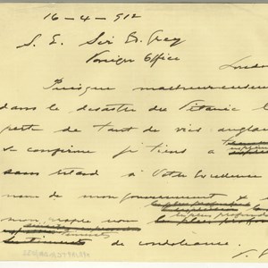 Rascunho de carta de Manuel Teixeira Gomes para Edward Grey, apresentando em seu nome, e em nome do governo português, condolências pelo desastre do «Titanic».