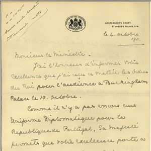 Carta do «Master of Ceremonies», Arthur Walsh, para Manuel Teixeira Gomes, com pormenores sobre a cerimónia de apresentação das credenciais no Palácio de Buckingham (1.ª página).