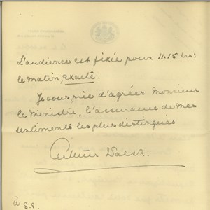 Carta do «Master of Ceremonies», Arthur Walsh, para Manuel Teixeira Gomes, com pormenores sobre a cerimónia de apresentação das credenciais no Palácio de Buckingham (2.ª página).