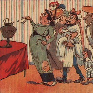 Caricatura publicada no jornal humorístico «O Zé», em 1912, alusiva ao voto das mulheres. («O Zé», n.º 87)