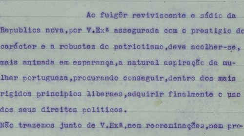 Ofício da Liga Republicana das Mulheres Portuguesas para o Presidente Sidónio Pais, apelando à consagração do direito de voto para as mulheres.