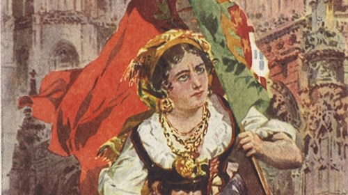 Bilhete postal com minhota empunhando o Estandarte Nacional e uma espada, a partir de uma aguarela de Roque Gameiro.