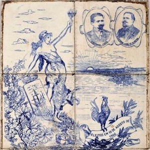 Painel de azulejos comemorativo da eleição de quatro deputados republicanos, pelo círculo de Lisboa, em 19 de agosto de 1906: Afonso Costa, António José de Almeida, João de Menezes e Alexandre Braga.
