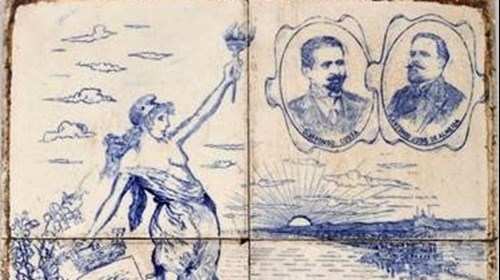Painel de azulejos comemorativo da eleição de quatro deputados republicanos, pelo círculo de Lisboa, em 19 de agosto de 1906: Afonso Costa, António José de Almeida, João de Menezes e Alexandre Braga.