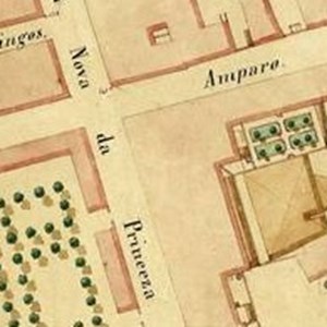 Rua do Amparo, onde se situava a vidraria Progresso, desenhada na planta de Lisboa, n.º 36, sob a direção de Filipe Folque - pormenor (cota PT/AMLSB/CMLSBAH/PURB/003/00028/38).