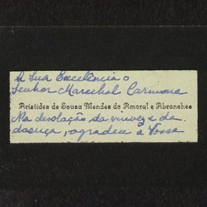 Cartão pessoal de Aristides de Sousa Mendes para o Presidente Óscar Carmona, agradecendo as condolências pela morte da mulher (frente).