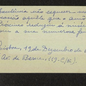 Cartão pessoal de Aristides de Sousa Mendes para o Presidente Óscar Carmona, agradecendo as condolências pela morte da mulher (verso).