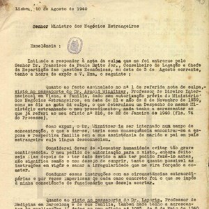 Resposta de Aristides de Sousa Mendes à nota de culpa emitida pelo Ministério dos Negócios Estrangeiros (primeira página).