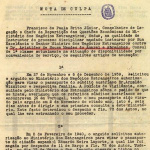 Nota de culpa redigida por Francisco de Paula Brito Júnior, instrutor do processo disciplinar instaurado pelo Ministério dos Negócios Estrangeiros contra Aristides de Sousa Mendes (primeira página).
